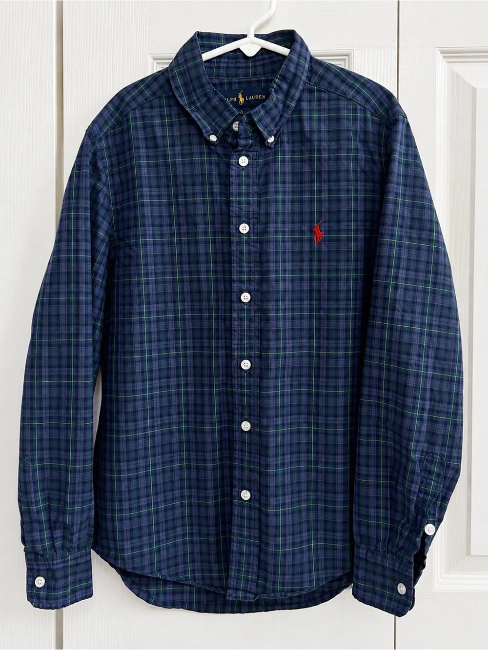 Polo by Ralph Lauren Boys' Navy Green Plaid Button-Down Shirt.  Medium 10-12